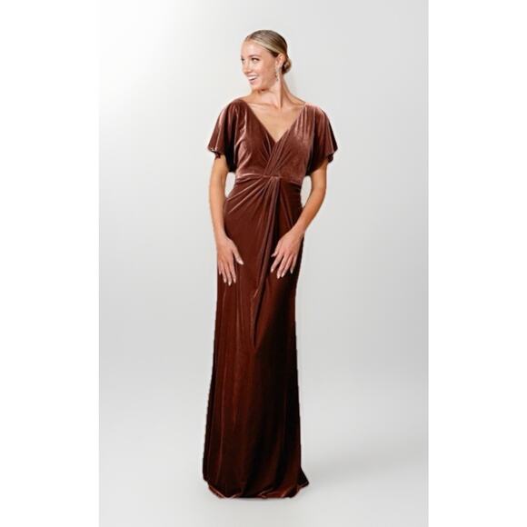 Revelry Gwen Velvet Long Maxi Dress Sz 8 Terracotta Formal Gown Bridesmaid Lined - Picture 2 of 8